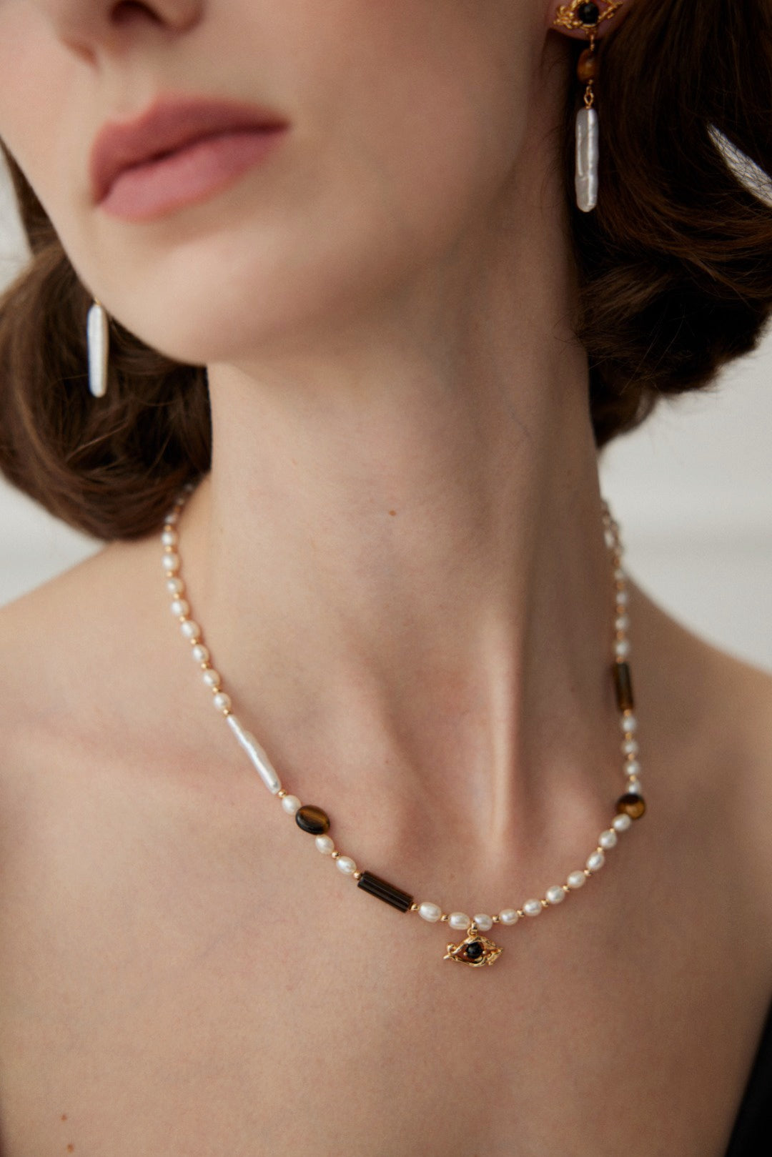 Tiger's Eye and Baroque Pearl Necklace with Black Agate Pendant