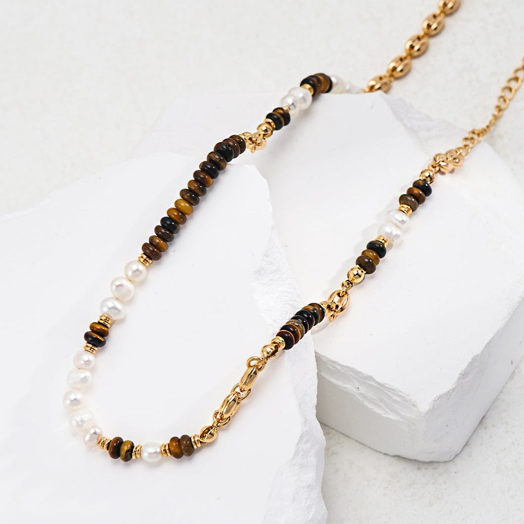 Tiger's eye with Natural Pearl Sterling Silver Necklace