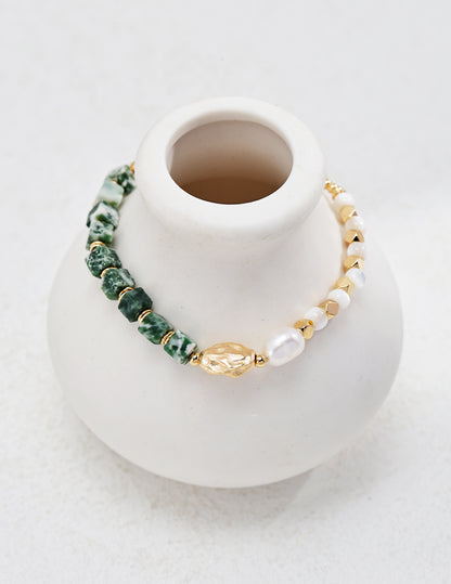 Transvaal Jade Bracelet with Natural Pearl and Gold-Plated Sterling Silver