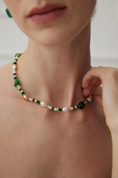 Green Agate and Malachite Necklace with Baroque Pearl