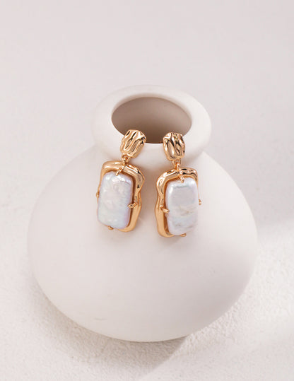 Gold-Plated Sterling Silver Drop Earrings with Rectangular Baroque Pearl