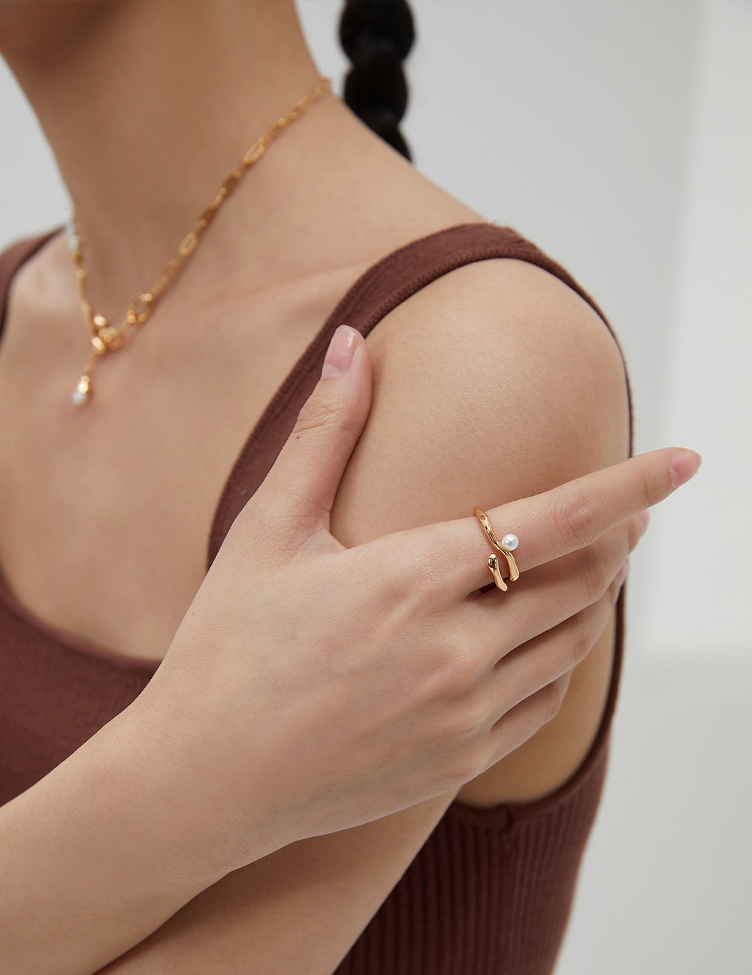 Sculptural Sterling Silver Open Ring with Pearl