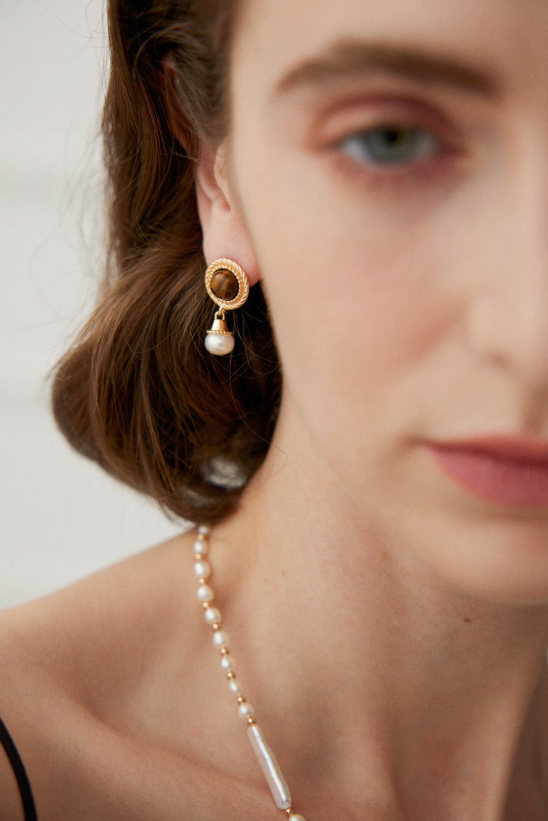 Tiger's Eyes and Natural Pearl Drop Earrings