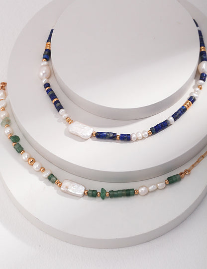 Lapis Lazuli and Natural Baroque Pearl Necklace with Gold Plated Sterling Silver Beads