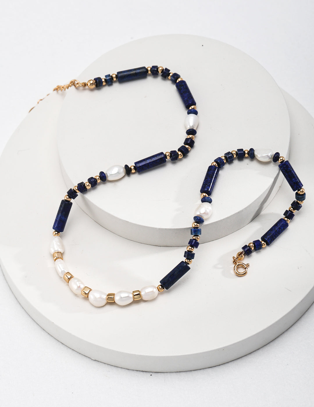 Lapis Lazuli and Natural Pearl Necklace with Gold Plated Sterling Silver