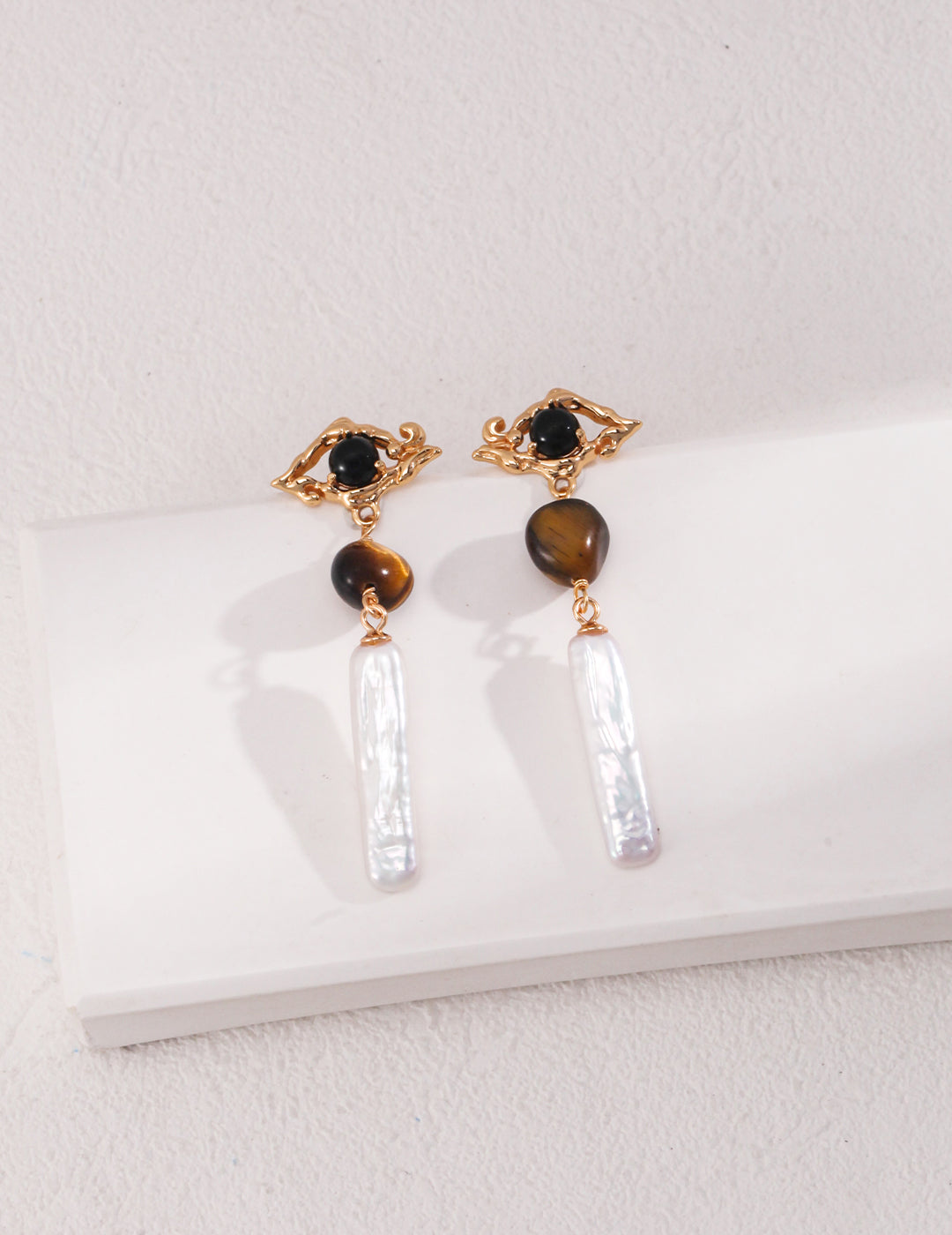 Black Agate and Tiger's Eye Earrings With Baroque Pearl Drop