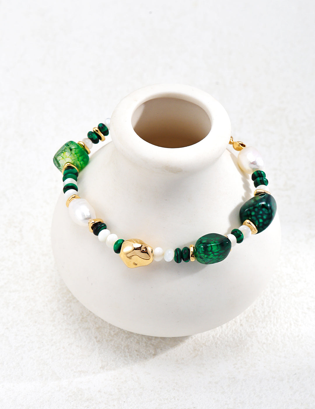 Green Agate and Malachite Bracelet with Baroque Pearl