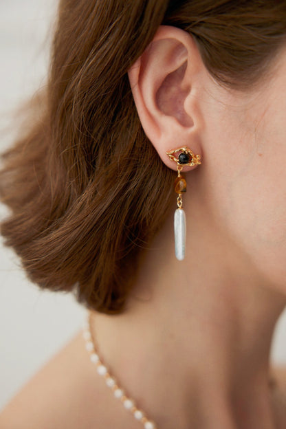 Black Agate and Tiger's Eye Earrings With Baroque Pearl Drop