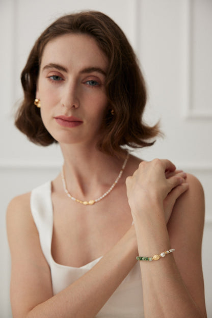 Transvaal Jade Bracelet with Natural Pearl and Gold-Plated Sterling Silver