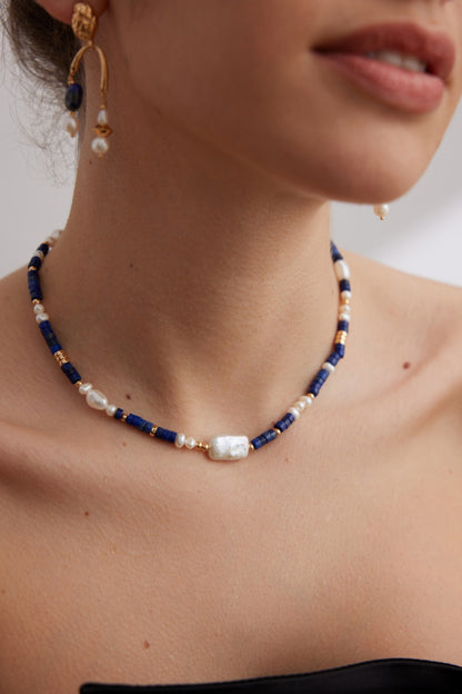 Lapis Lazuli and Natural Baroque Pearl Necklace with Gold Plated Sterling Silver Beads