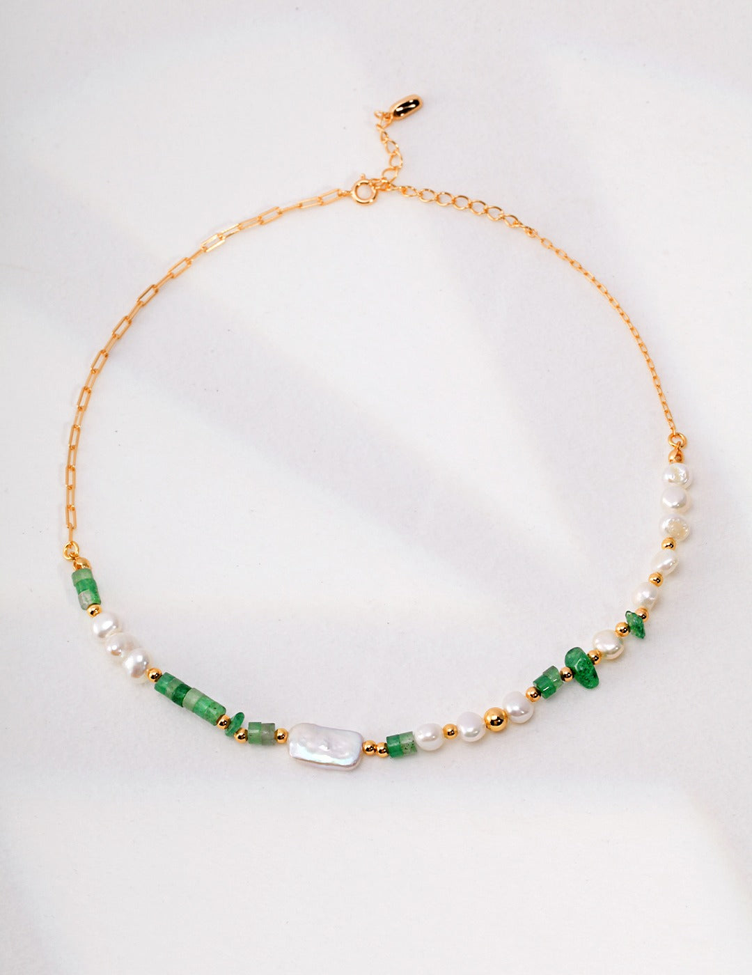 Aventurine and Baroque Pearl Necklace with Green Strawberries Quartz