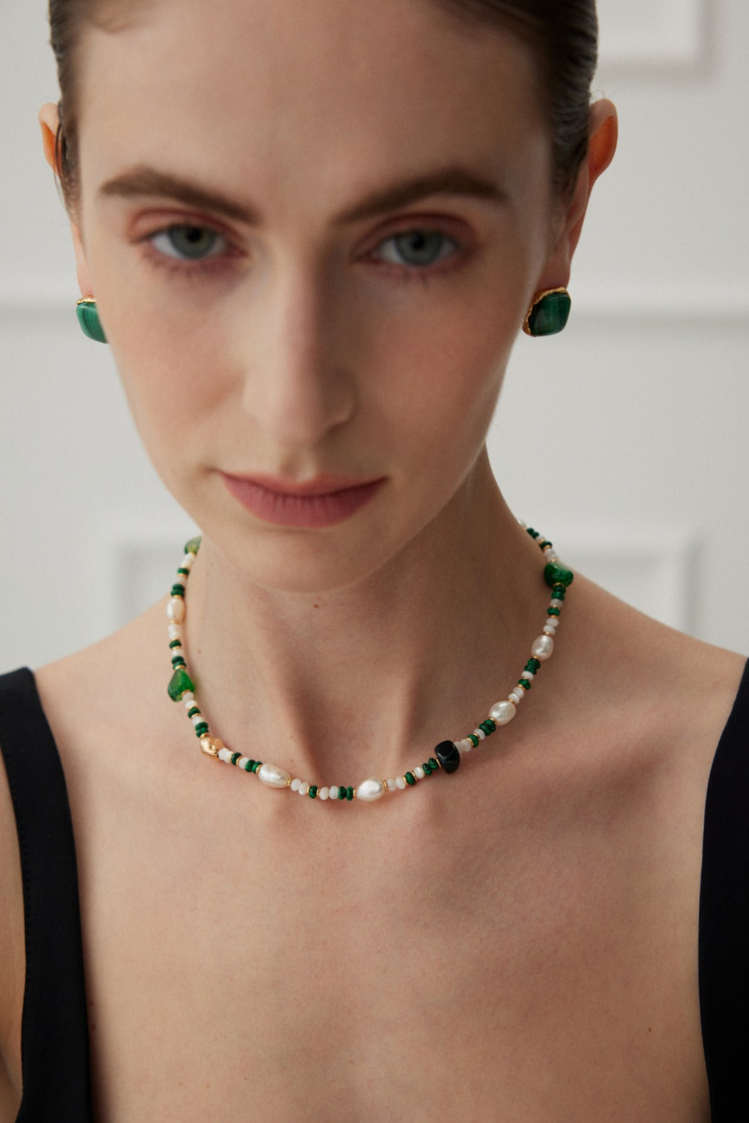 Green Agate and Malachite Necklace with Baroque Pearl