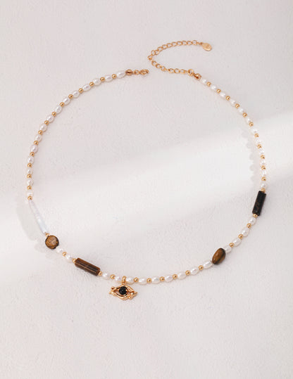 Tiger's Eye and Baroque Pearl Necklace with Black Agate Pendant