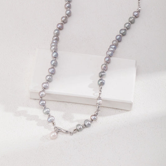 Grey Natural Pearl Sterling Silver Necklace with White Pearl Pendant