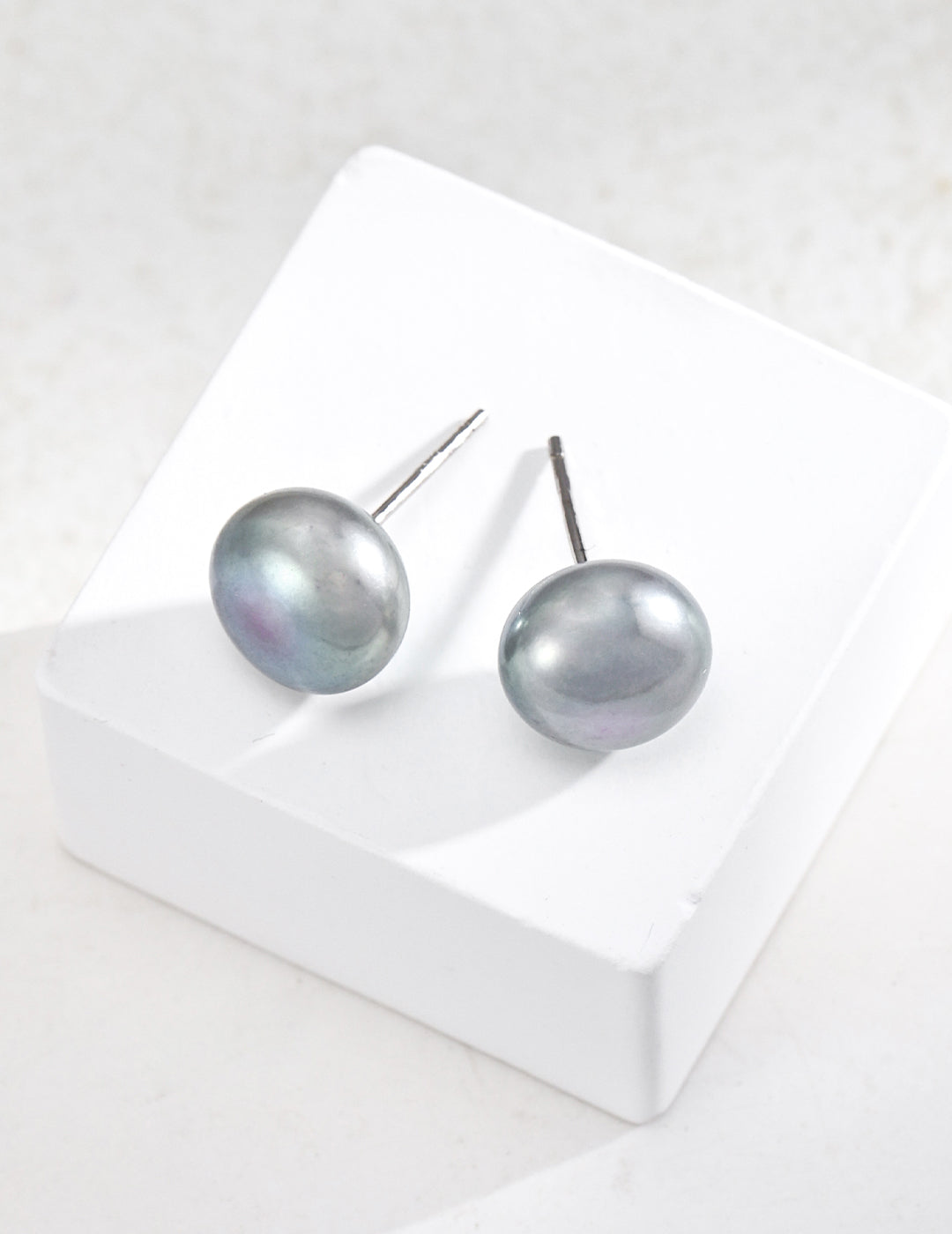 Grey Button Pearl Stud Earrings