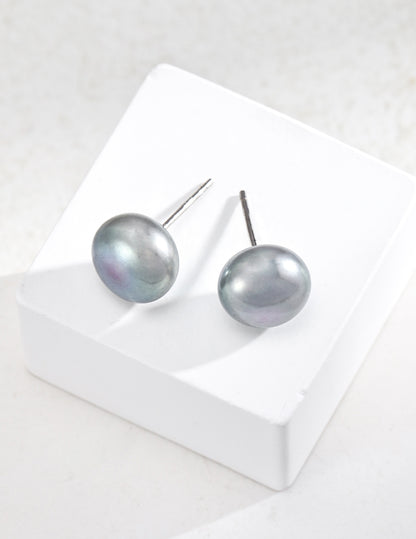 Grey Button Pearl Stud Earrings