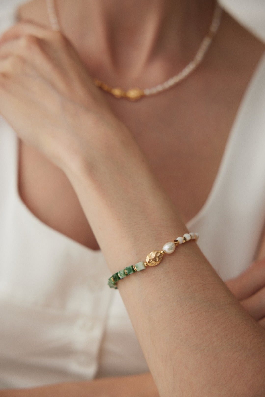 Transvaal Jade Bracelet with Natural Pearl and Gold-Plated Sterling Silver