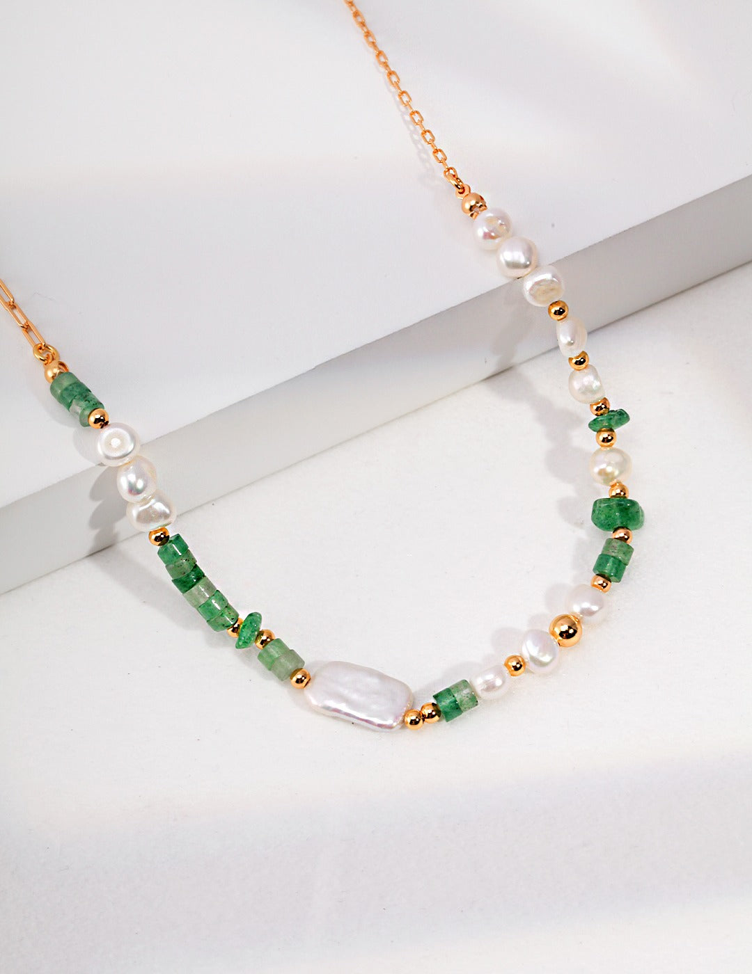 Aventurine and Baroque Pearl Necklace with Green Strawberries Quartz