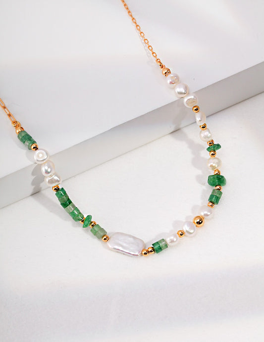 Aventurine and Baroque Pearl Necklace with Green Strawberries Quartz