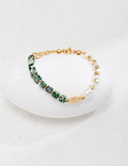 Transvaal Jade Bracelet with Natural Pearl and Gold-Plated Sterling Silver