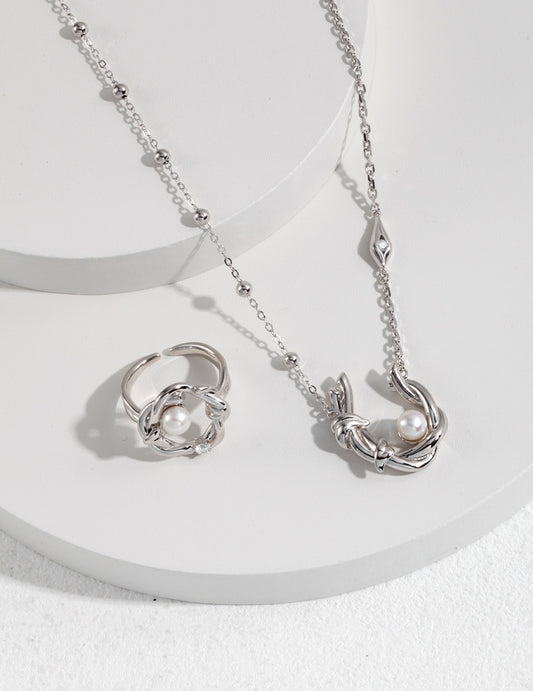 Willow Sterling Silver with Natural Pearl Necklace and Ring Set