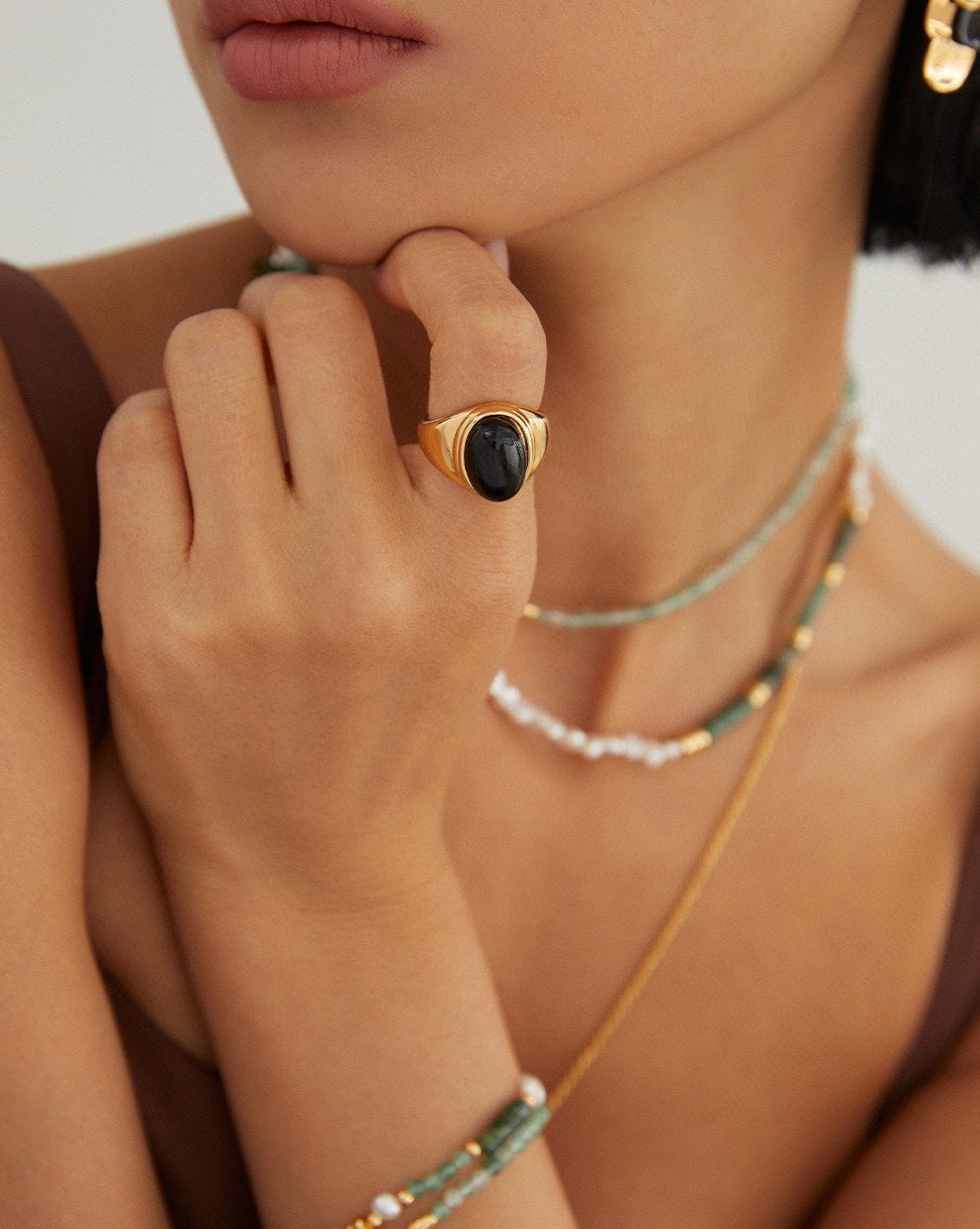 Regal Black Agate/Mother of Pearl and Sterling Silver Ring